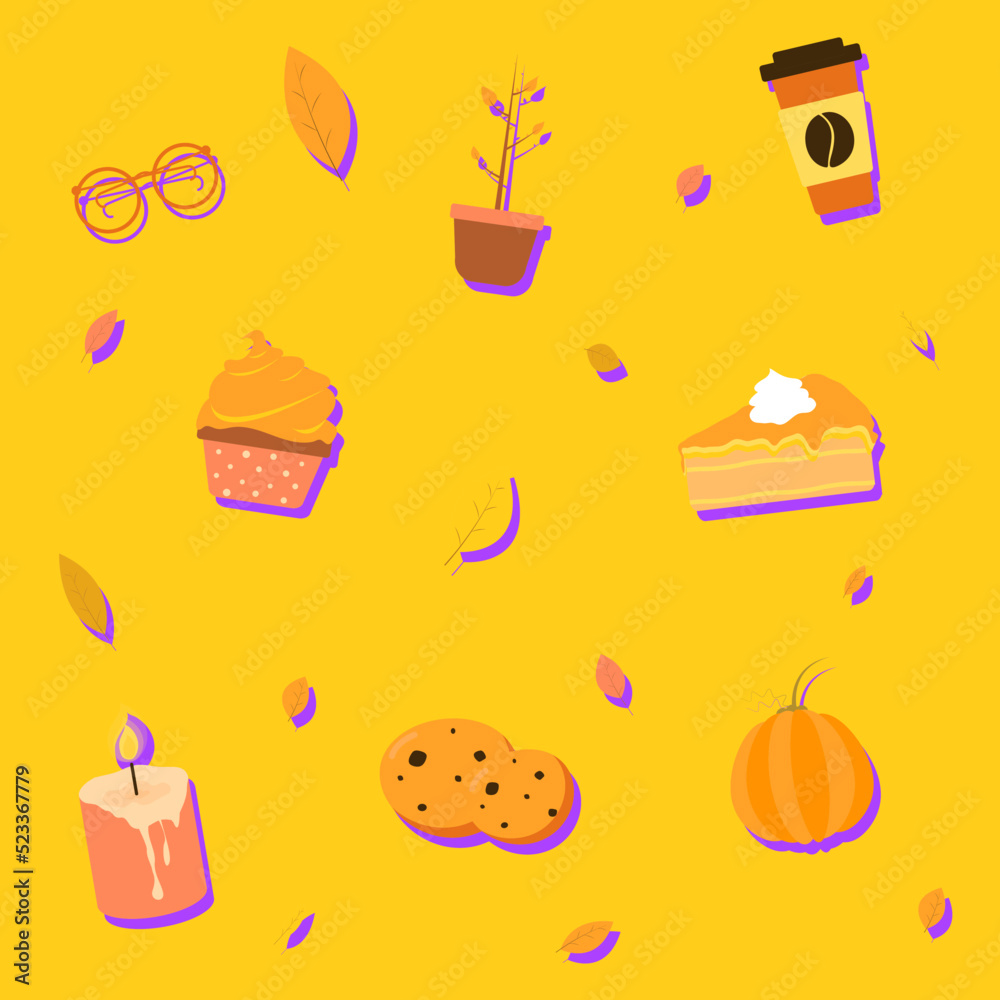 Vector repeated autumn pattern with autumn elements: foliage, pimpkin cupcake glasses coffee candle plant cookies on yellow background with violet shadows. Holidays thanksgiving halloween Flat design Vector repeated autumn pattern with autumn elements: foliage, pimpkin cupcake glasses coffee candle plant cookies on yellow background with violet shadows. Holidays thanksgiving halloween Flat design