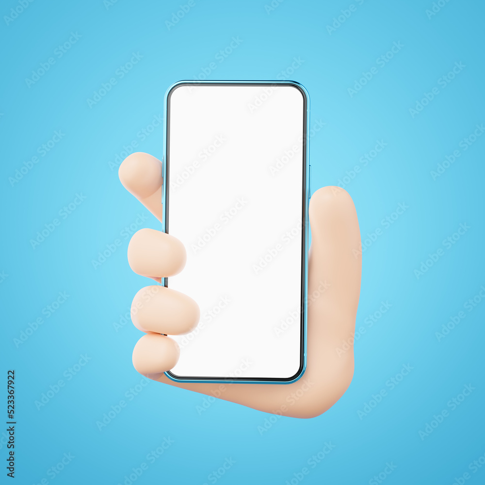 3D human hand holding mobile phone icon. Businessman wearing suit with ...