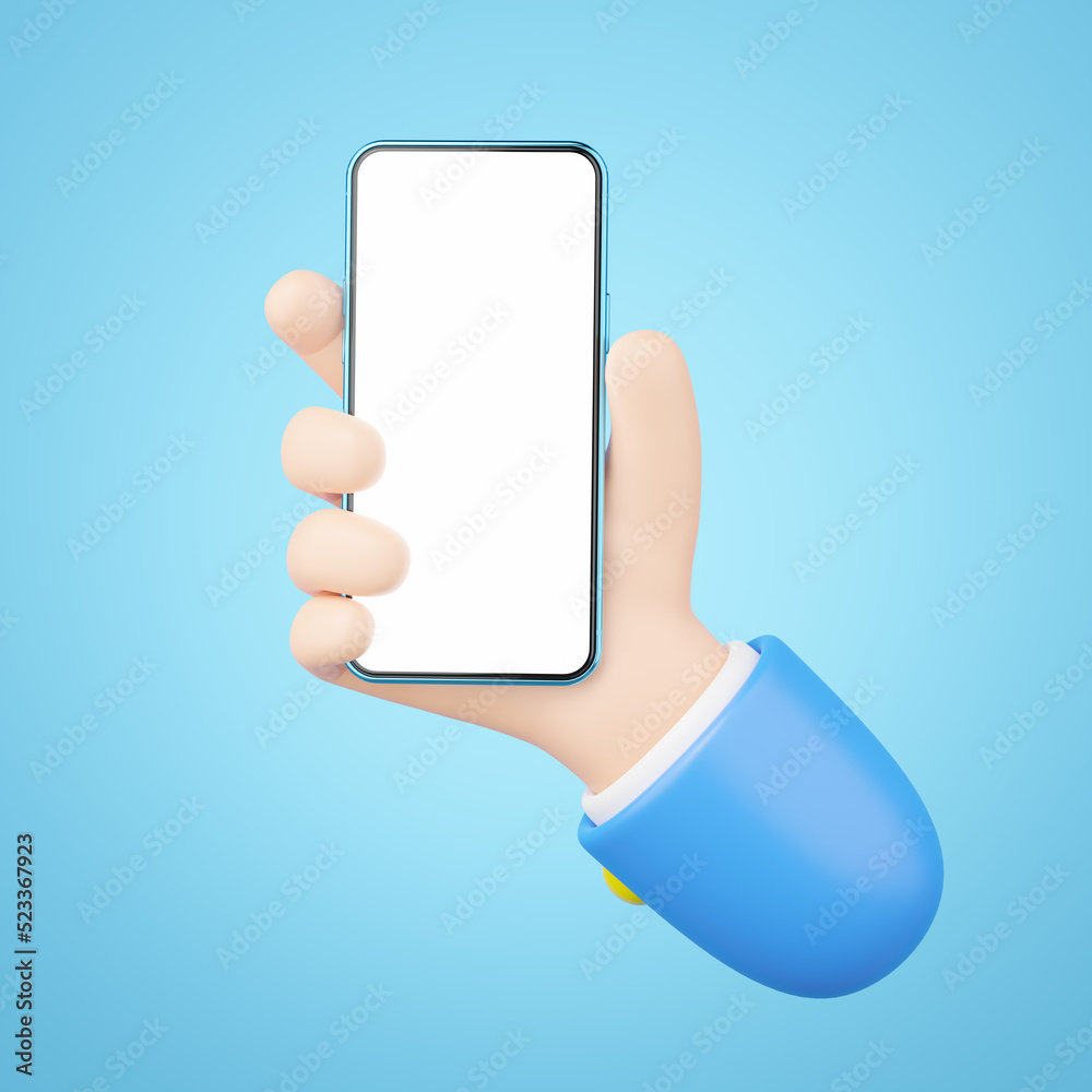 3D human hand holding mobile phone icon. Businessman wearing suit with ...