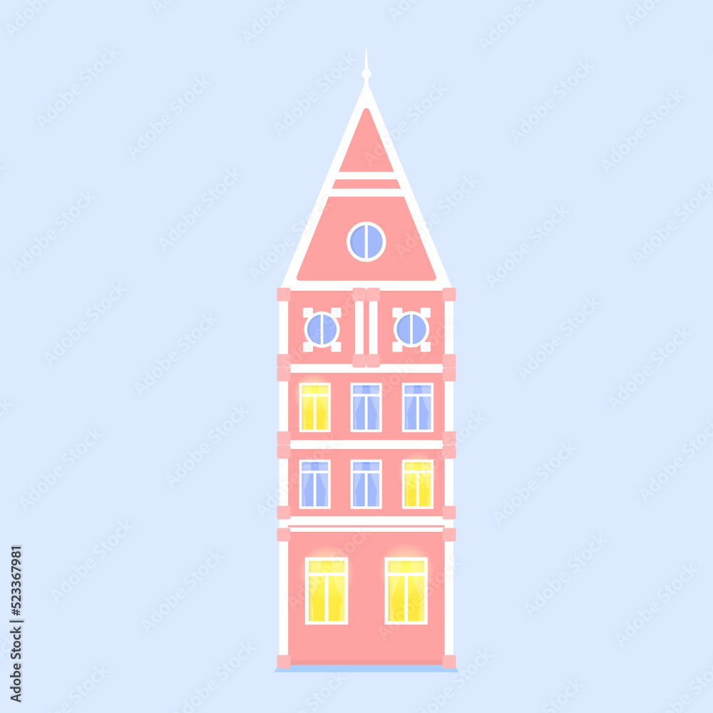 Simple pink european or scandinavian colorful old house isolated. Flat design vector illustration