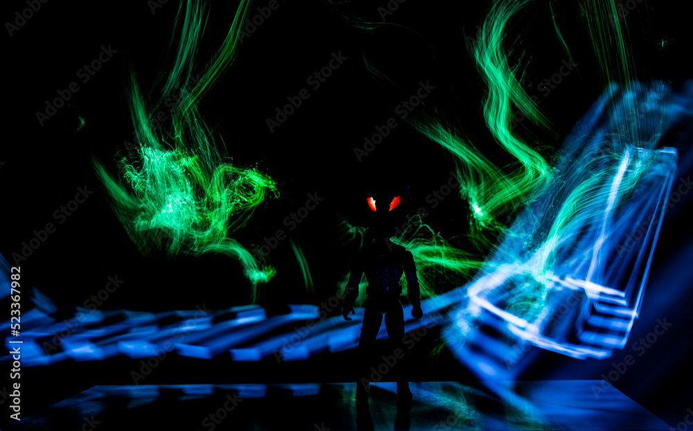 Humanoid figure with the appearance of an alien surrounded by fire. Humanoid figure with the appearance of an alien surrounded by fire.