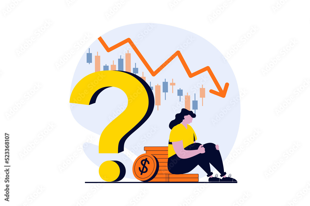Stock market concept with people scene in flat cartoon design. Woman losing money on exchange, thinking and analyzing chart with down trend, financial crisis. Illustration visual story for web Stock market concept with people scene in flat cartoon design. Woman losing money on exchange, thinking and analyzing chart with down trend, financial crisis. Illustration visual story for web