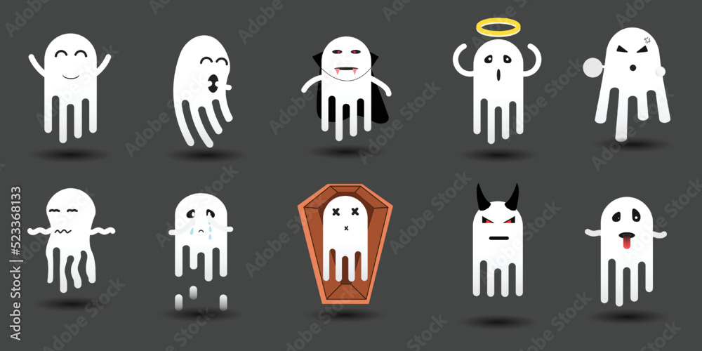 Vector image of white ghosts in various characters. There are a variety of emotions. Good mood, sad mood, angry mood, fun, indifferent, showing both facial expressions and gestures. Vector image of white ghosts in various characters. There are a variety of emotions. Good mood, sad mood, angry mood, fun, indifferent, showing both facial expressions and gestures.