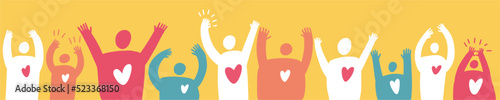 A group of cheerful people with their hands raised to the top.
