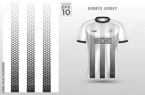 Black White t-shirt sport design template with polygon triangle pattern for soccer jersey. Sport uniform in front view. Tshirt mock up for sport club. Vector Illustration