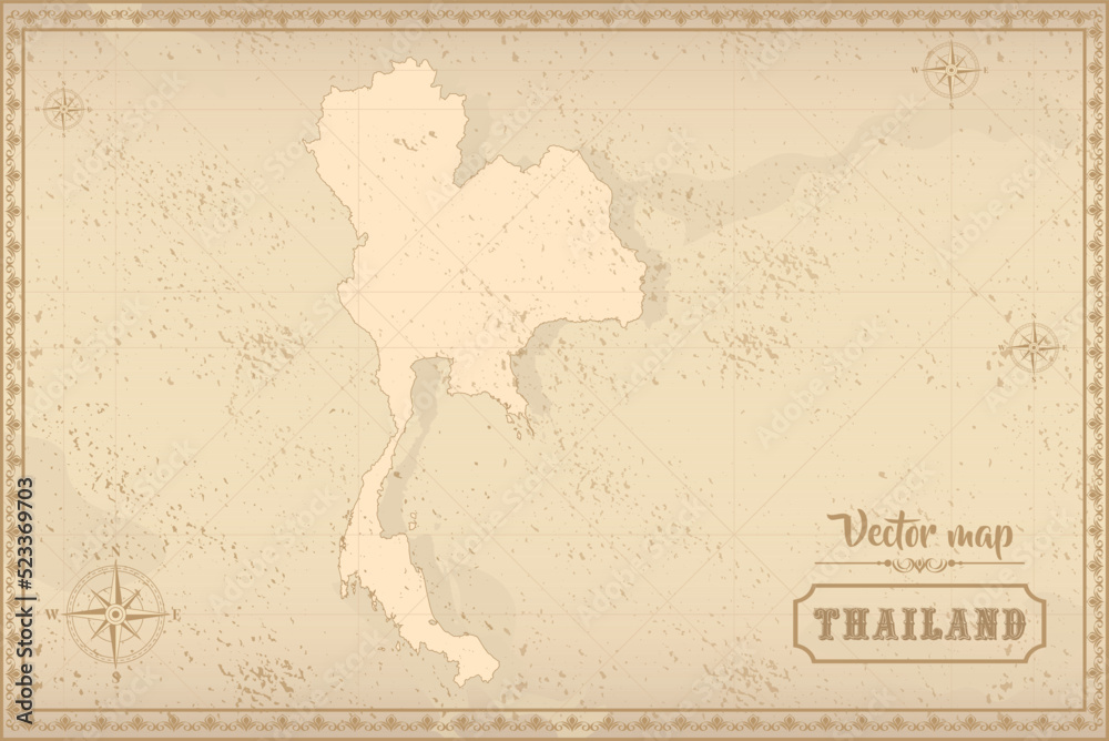 Map of Thailand in the old style, brown graphics in retro fantasy style
