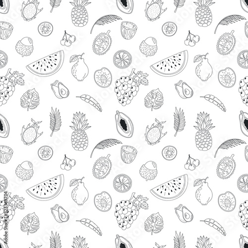 Seamless pattern with hand-drawn tropical fruits. Grapes, watermelon, dragon fruit and others.