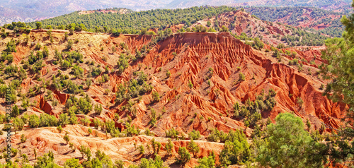 Beautiful wild scenic red rugged atlas mountains valley landscape, green trees - Morocco, Ourika photo