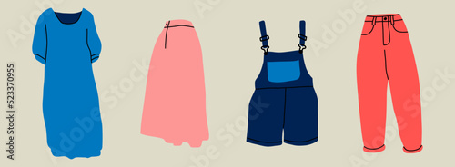 Woman clothing set. Dress, shorts, skirt, pants, T-shirt, blouse. Clothes collection. Vector flat illustration.