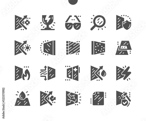 Glass properties. Glass for windows. Broken glass. Fragile glass. Vector Solid Icons. Simple Pictogram
