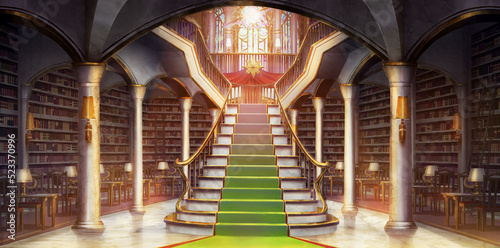 Photographie Fantasy library main hall in the morning  -  turned off the light, Anime backgro
