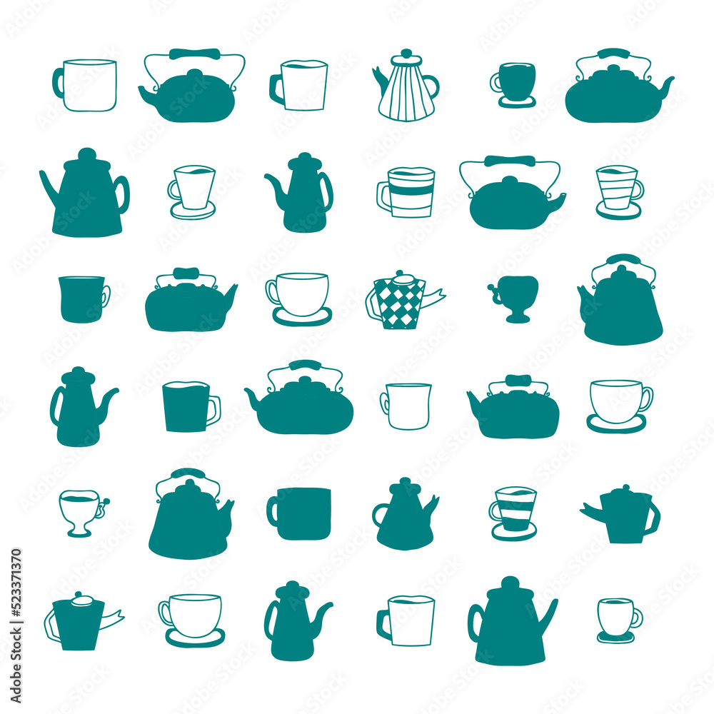 Monochrome teapot, cups and mugs silhouette collection. Perfect for kitchen towel, dishcloth, stationery, poster and print. Doodle vector illustration isolated on white background. Monochrome teapot, cups and mugs silhouette collection. Perfect for kitchen towel, dishcloth, stationery, poster and print. Doodle vector illustration isolated on white background.