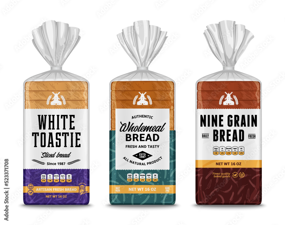 Vector bread packaging and vertical label design. Bakery illustrations