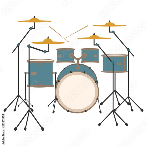 Drum set with drumsticks. musical percussion instrument