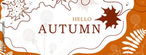Hello Autumn concept. Web banner. Design template with text. Vector illustration for invite, cover, promo. 