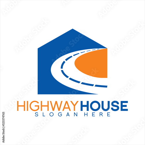 Asphalt highway logo template vector with house symbol concept background.