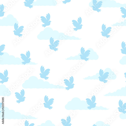 Cartoon pattern dove of peace in the sky with clouds. Blue pigeon bird freedom fly. Vector illustration. Wings and tail shine blue.
