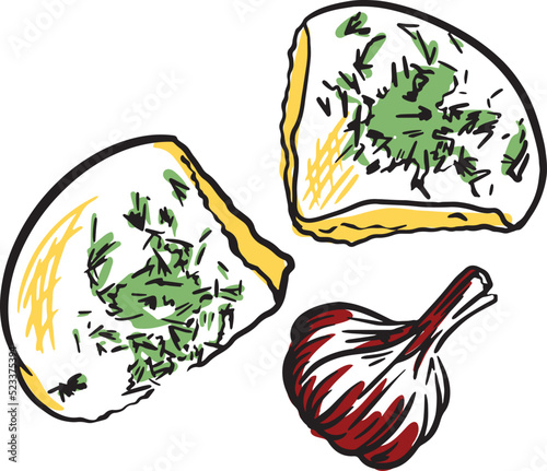 Vector drawing of Ukrainian national traditional dish pampushki with garlic