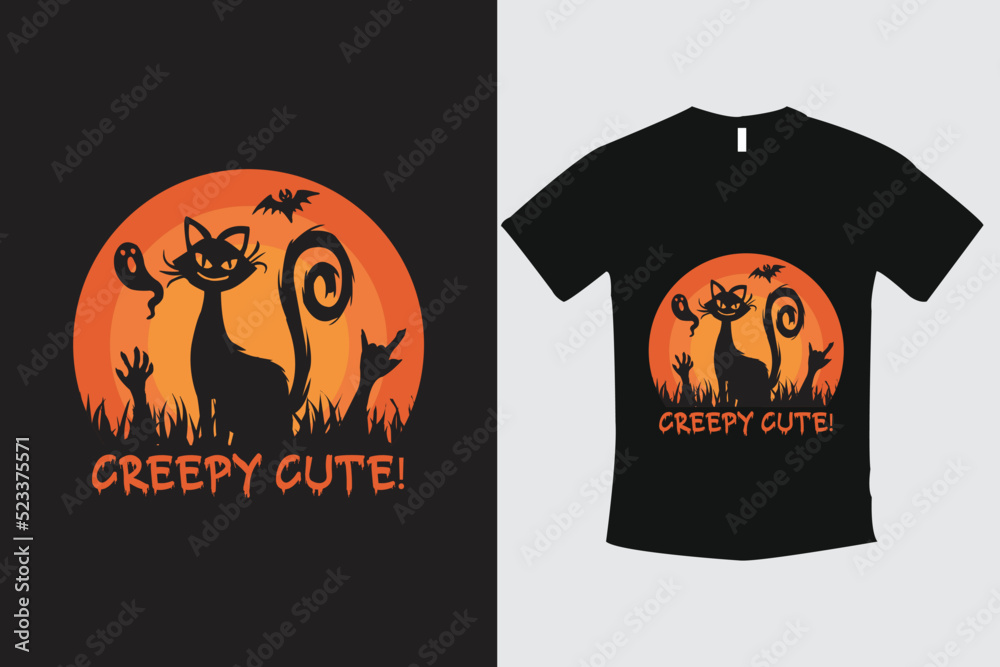 Halloween t shirt ready design. Printable Halloween design for t shirt. Vector design of pumpkin, witch, grave, moon and scary night. Scary easy printable t shirt design for men. women and child.
