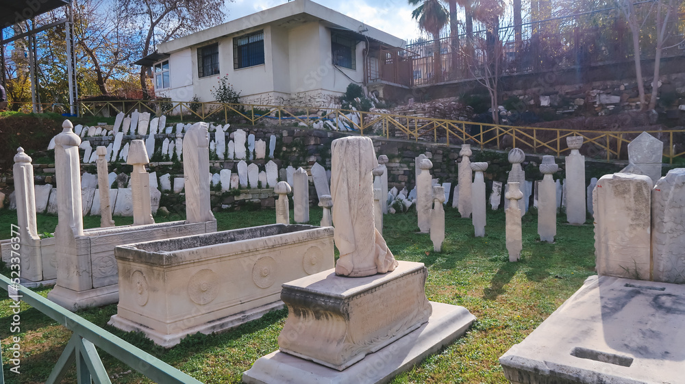 Thombs, statues and funerary plates inside the ancient city of Smyrna, Izmir, Turkey
