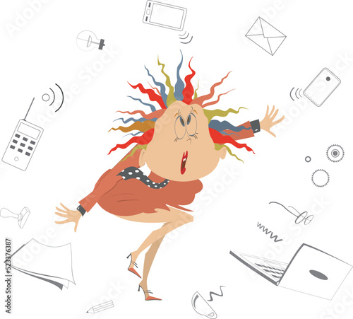 Set objects for business woman concept. 
Confused woman surrounded with a lot of different objects. Illustration on white background
