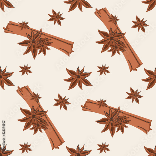 Seamless pattern of cinnamon sticks, star anise. Vector illustration, print for cafe, coffee houses, menu and so on.