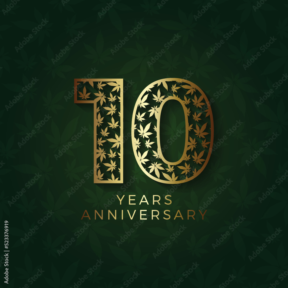 Naklejka premium 10th anniversary logo in gold color with marijuana leaves isolated on black background, vector design for greeting card and invitation card.