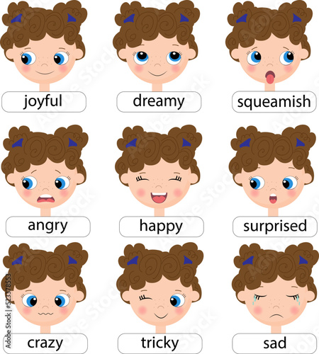 Cute girl emotions collection. Different emotional faces set.