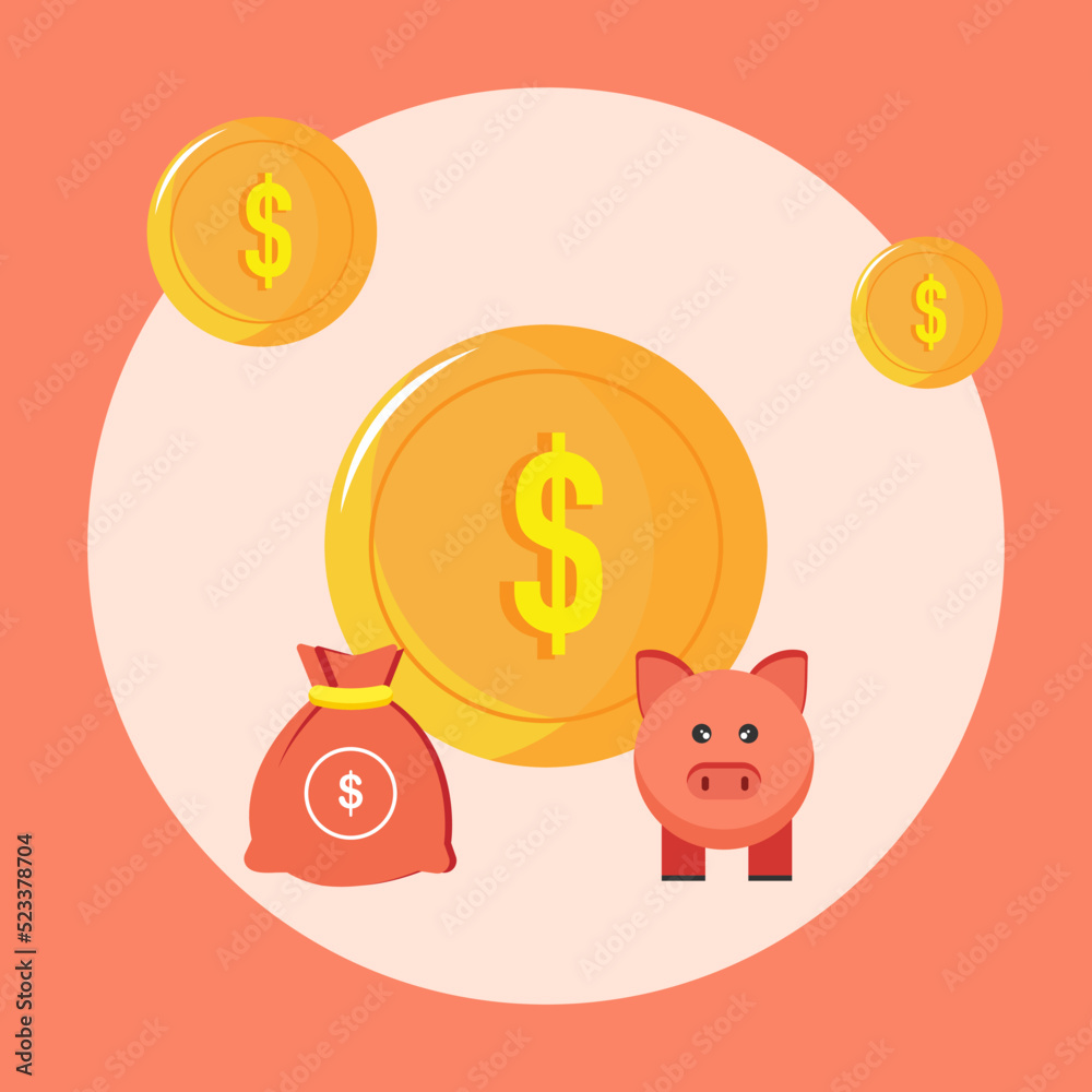 Piggy bank on the background of gold coins and a bag of money. Piggy bank on the background of gold coins and a bag of money.