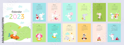 Wall calendar 2023 with cute rabbits. Kid animals print design, 12 months pages template. Bunny in seasons, in love, with flower and halloween, nowaday vector banner