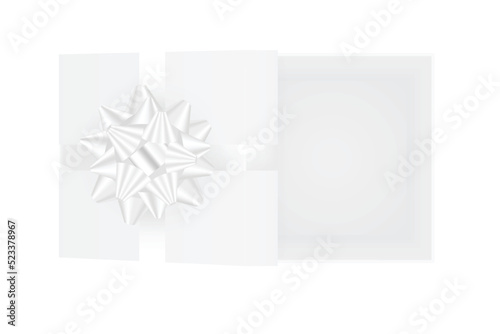 Empty open gift white box mock up with bow and ribbons top view. Vector isolated illustration close up on a white background use for box template.