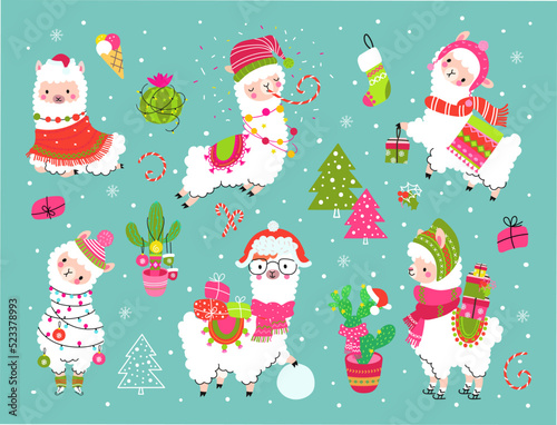 Christmas cartoon alpaca with cactus and gifts. Funny llamas x-mas party, new year holiday alpacas stickers. Winter animal characters nowaday vector clipart