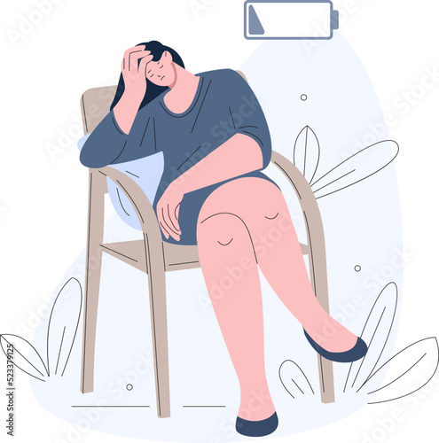 Exhausted girl with low energy battery sitting on chair. Tired office woman, fatigue sadness or frustration. Student or business woman kicky vector character