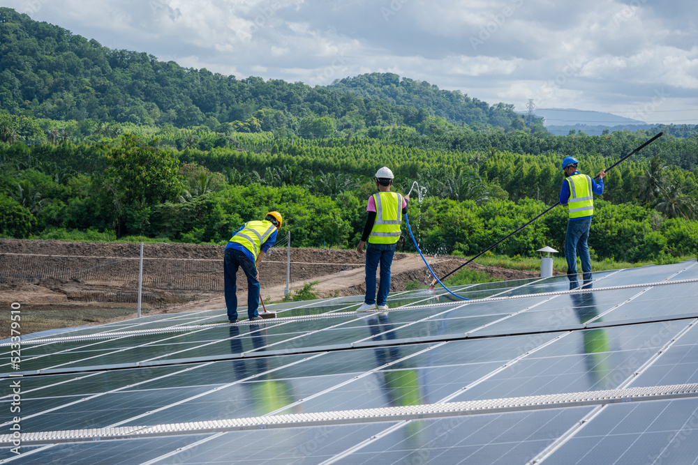 Clean solar panel for good performance in service routine of operation plan in solar power plant. Clean solar panel for good performance in service routine of operation plan in solar power plant.