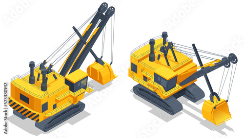 Isometric power shovel is a bucket-equipped machine, usually electrically powered, used for digging and loading earth or fragmented rock and for mineral extraction. Equipment for high-mining industry.