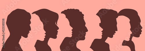 Collage Silhouette group of people profiles. Group side silhouette men and women of diverse culture and different countries. Harmony friendship integration. Racial equality