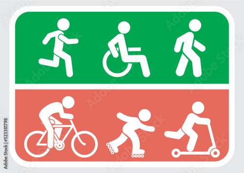 Information sign, path for pedestrians and cyclists, vector icon, set of icons, runner, wheel chair, walker, cyclist, skater, push scooter,