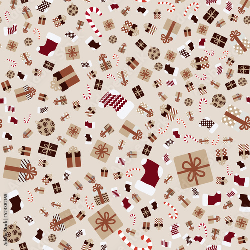 Seamless Christmas pattern. Vector illustration doodles gifts socks candy. Background for wrapping paper, greeting cards, textile print.