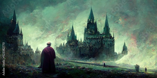 An old priest overlooking a tall amazing castle in a dark cloudy day, fantasy oil painting photo