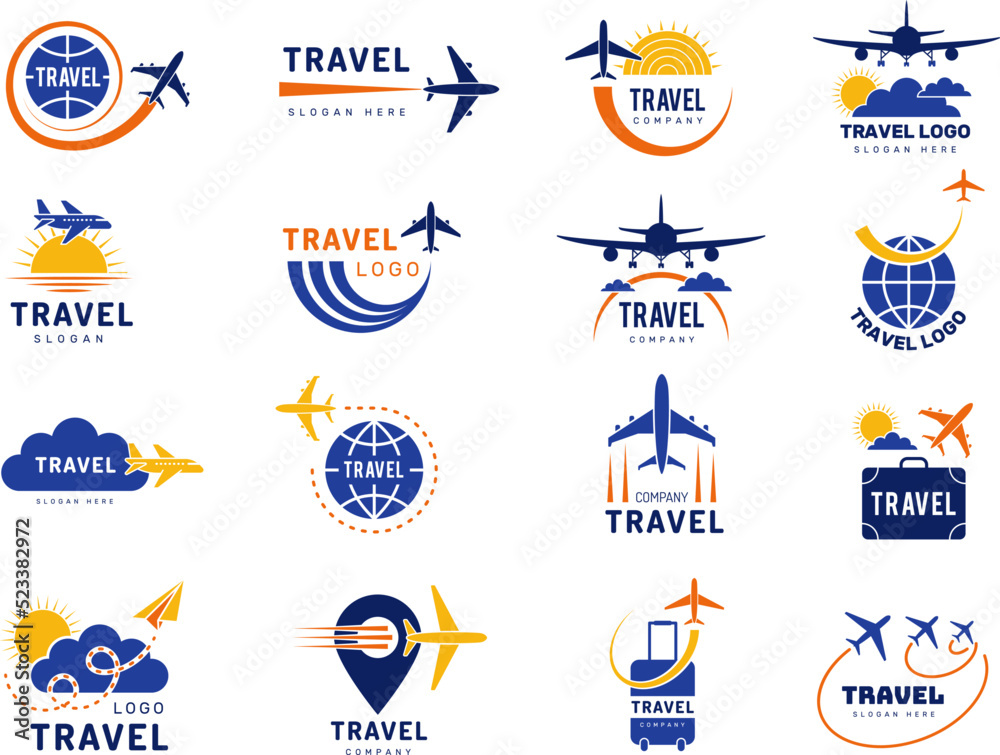 Exploration logo. Tourist agency pictures with travel symbols airplanes cars worldwide travelling recent vector business identity Exploration logo. Tourist agency pictures with travel symbols airplanes cars worldwide travelling recent vector business identity