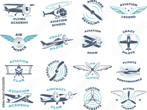 Aviators. Airplanes wings and propellers stylized badges with place for text exact vector business logotypes collection