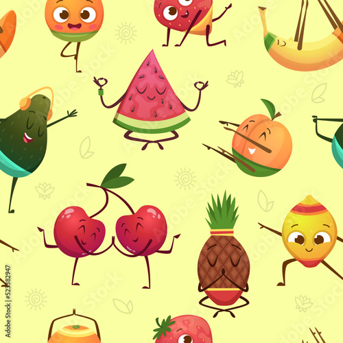 Fruits characters pattern. Funny fruits in action poses making sport exercises exact vector seamless background