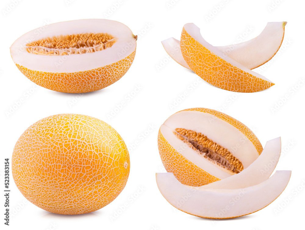 Melon isolated collection. Ripe melon and melon slices on white background set. Fresh fruits. Melon isolated collection. Ripe melon and melon slices on white background set. Fresh fruits.