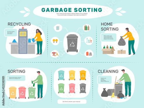Garbage recycling. Waste management infographic characters collect garbage recent vector business template with place for text