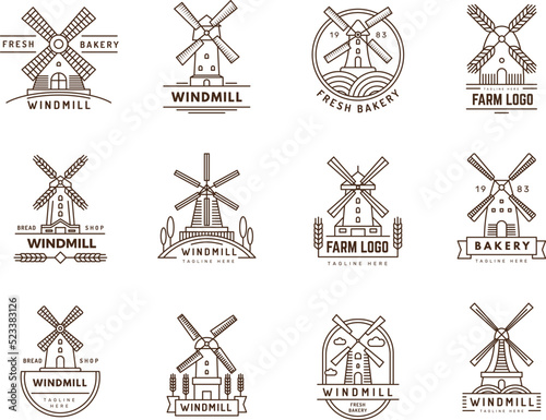 Windmill badges. Nature logo templates with windmill pictures farm rural symbols recent vector illustrations