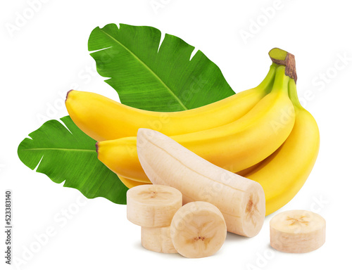 Bananas isolated. A bunch of ripe bananas and banana slices on a white background. Fresh fruits.