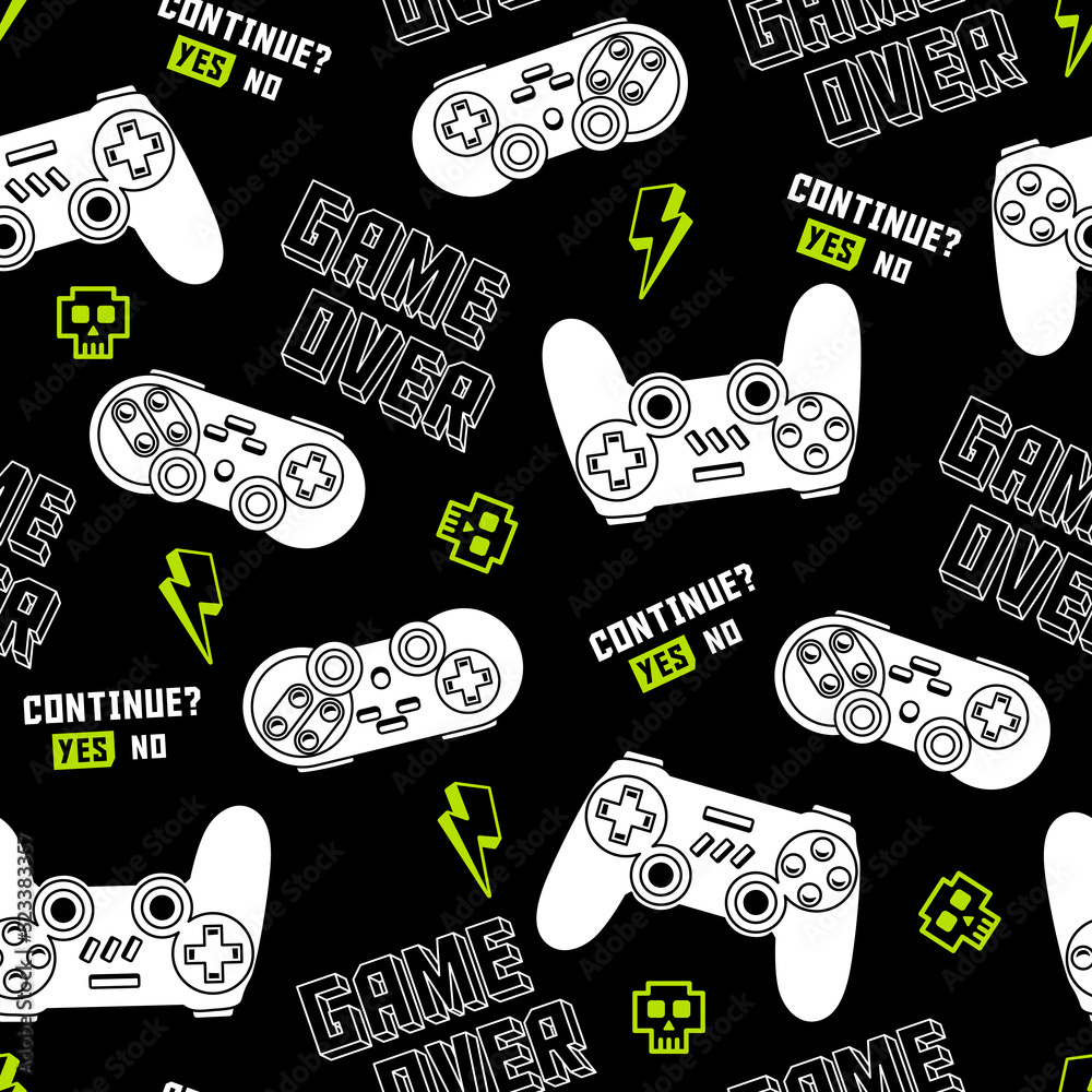 Vector seamless pattern with joystick gamepad illustrations and slogan texts, for apparel prints and other uses. Game controllers pattern.