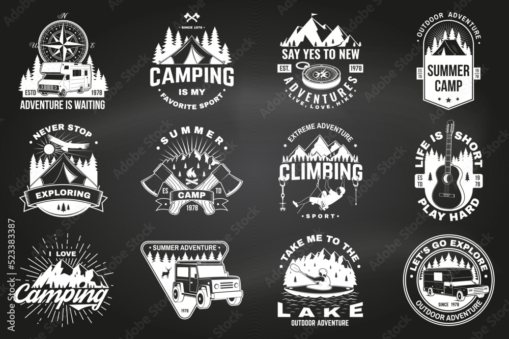 Set of camping badges design on chalkboard. Vector illustration. Vintage typography design with man in canoe, guitar, climber, mountain, axe, lake, compass, camper rv , tent and forest silhouette. Set of camping badges design on chalkboard. Vector illustration. Vintage typography design with man in canoe, guitar, climber, mountain, axe, lake, compass, camper rv , tent and forest silhouette.