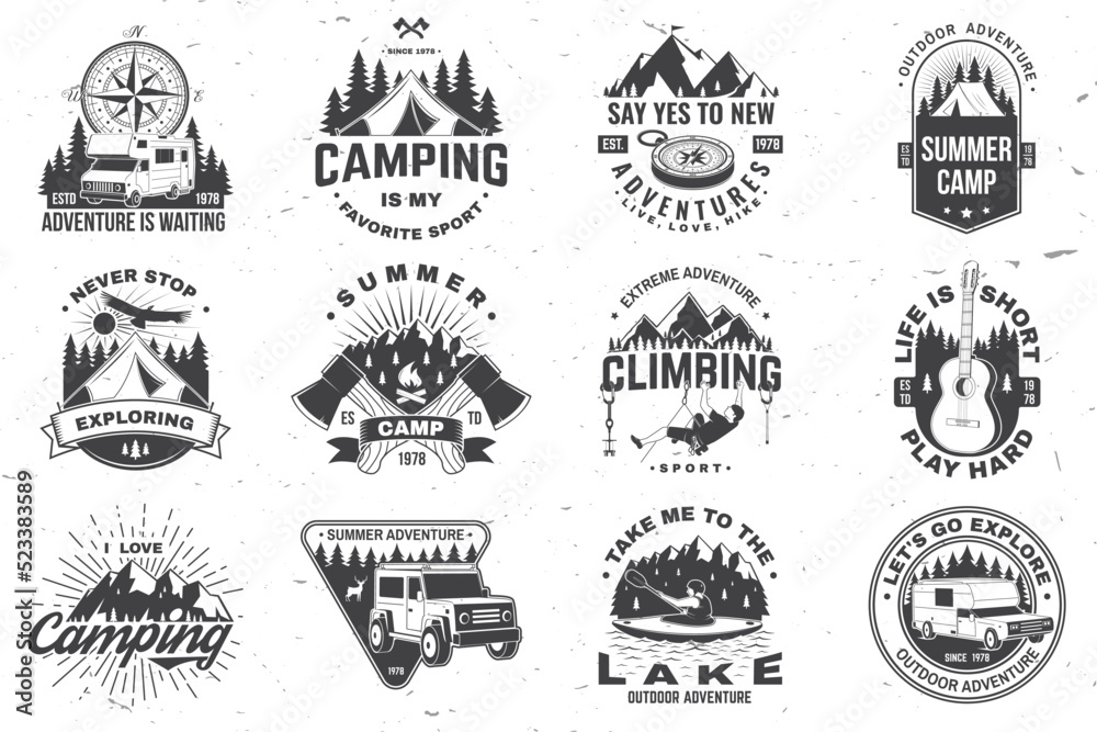 Set of camping badge. Vector. Vintage typography design with man in canoe, guitar, climber, mountain, axe, lake, compass, camper rv , tent and forest silhouette.
