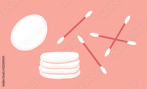 A set of soft cotton sponges and buds. Health care, body cleanliness and hygiene. Facial and makeup. Soft cosmetic item. Female face. Vector flat isolated illustration